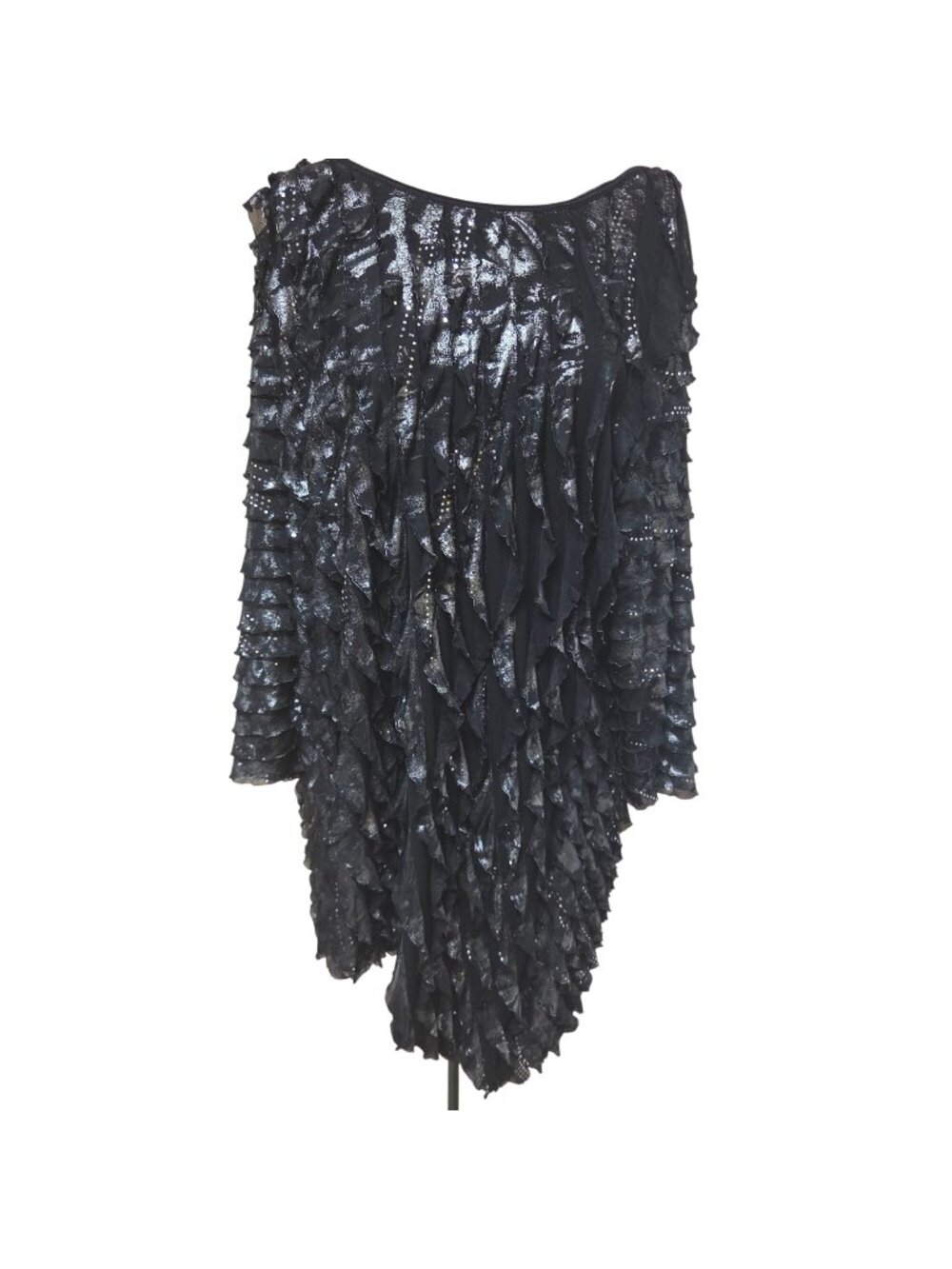 Elementz Tunic Womens Size 3X Black Silver Metallic Tiered Ruffle Top Rhinestone